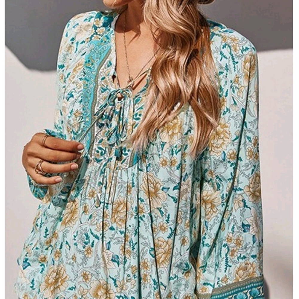 Womens Floral Bohemian Long Sleeve Blouse Babydoll sz L